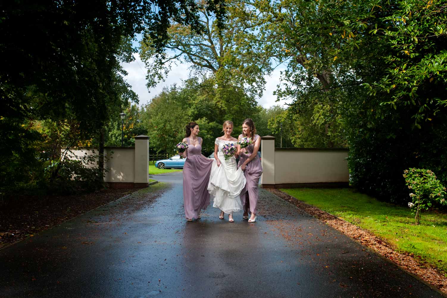 Bride and bridesmaids walking