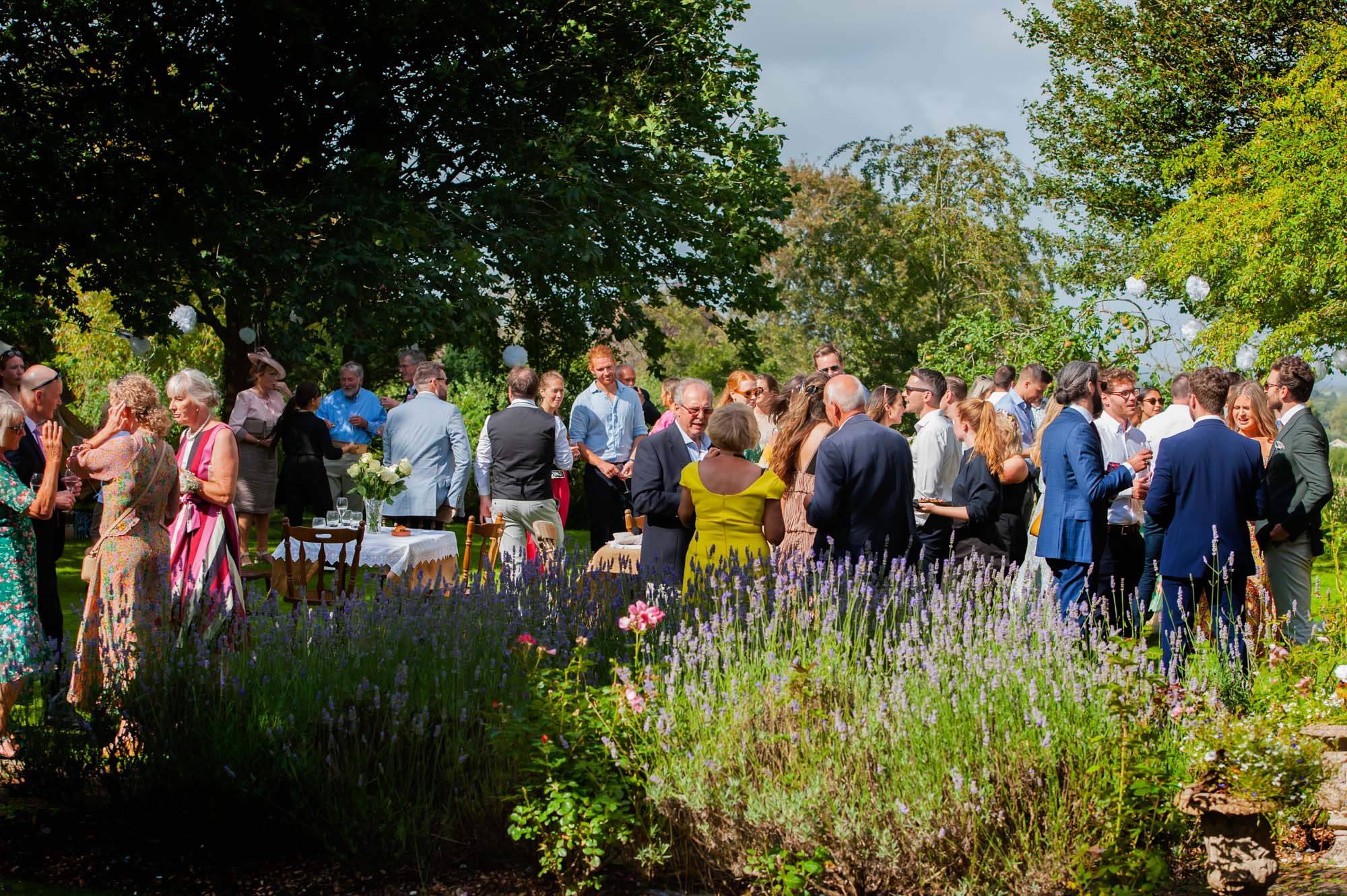 Wedding guests gathered in summer garden.